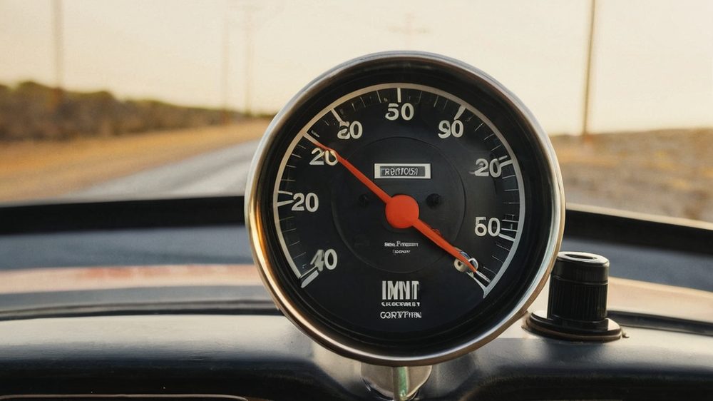 A close-up of a vintage analog speedometer with a needle hovering near the maximum limit, juxtaposed against a blurred b