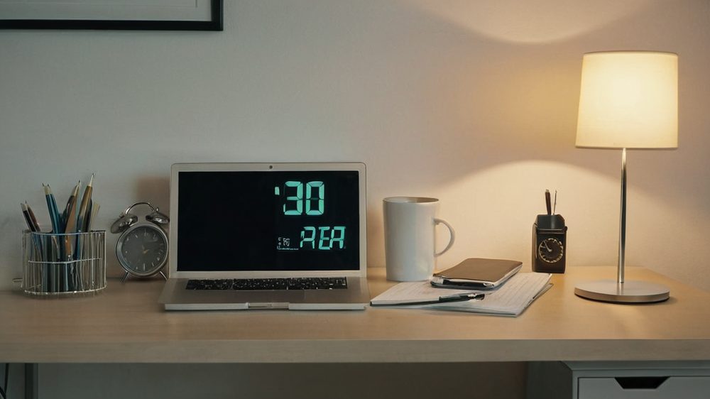 A minimalist office desk featuring a single glowing digital clock displaying the time, surrounded by scattered papers an