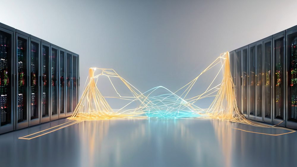 An abstract representation of digital conflict with two distinct geometric forms, one structured and rigid representing 