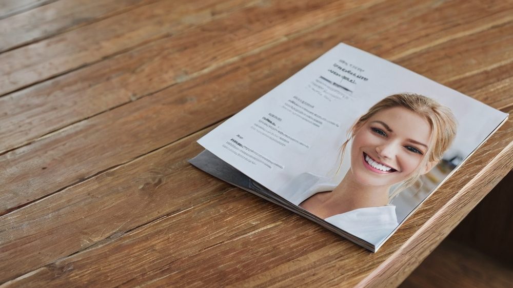 A close-up of a printed marketing brochure lying on a textured wooden desk, featuring a high-resolution photograph of a 