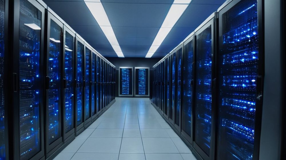 A dimly lit server room with rows of blinking blue lights, representing the underlying AI infrastructure, overlaid with 