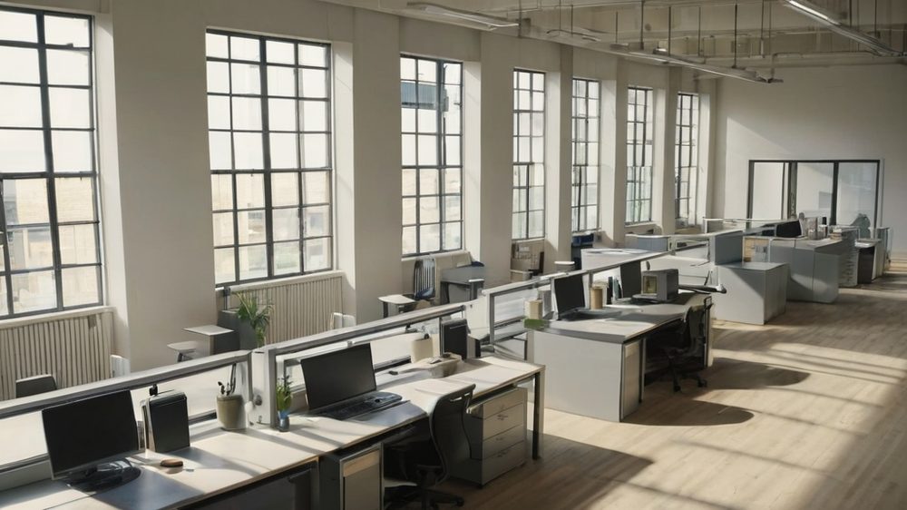 An overhead view of a modern open-plan workspace with rows of empty desks, where soft morning sunlight streams through l