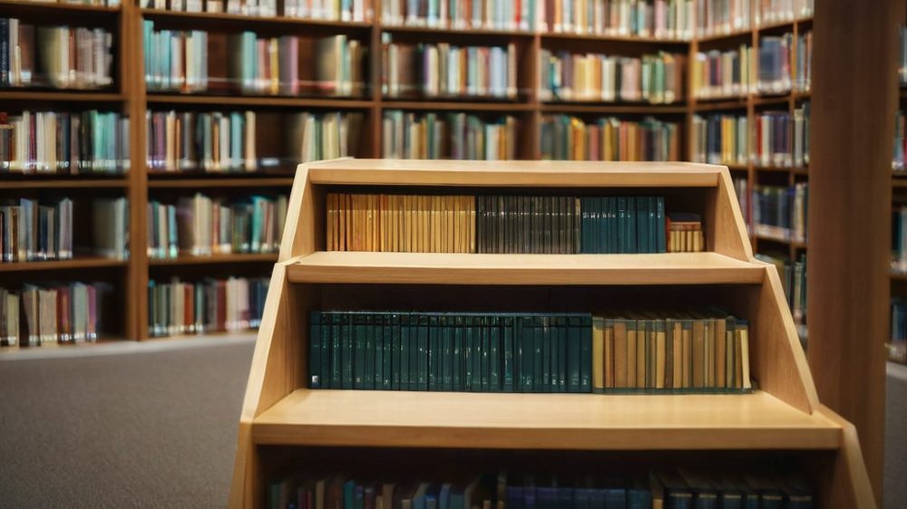 A symbolic representation of data processing showing a blurred background of a library or archive with books, overlaid w