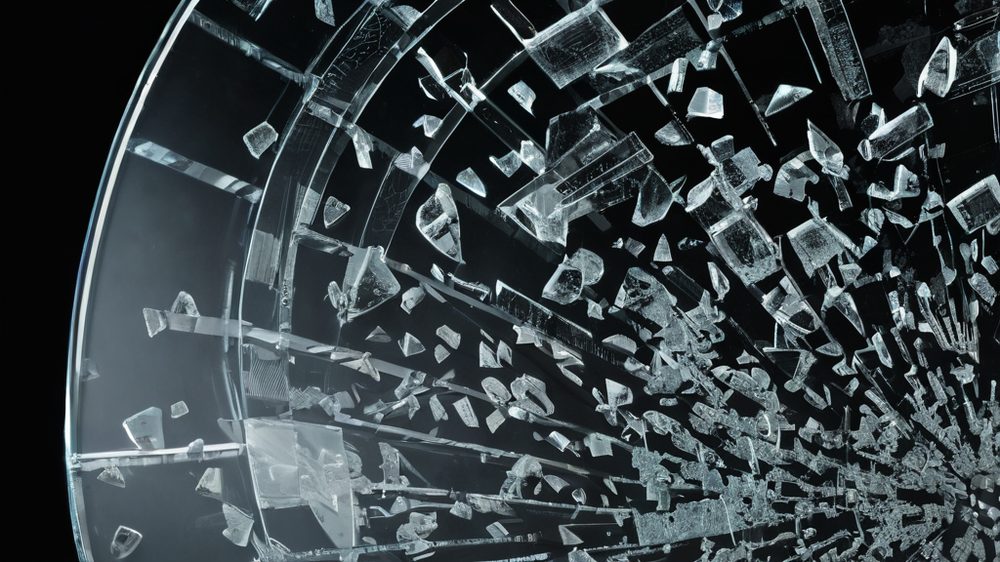 A close-up of a translucent glass shield cracking under pressure, with fragments of digital code floating in the air aro