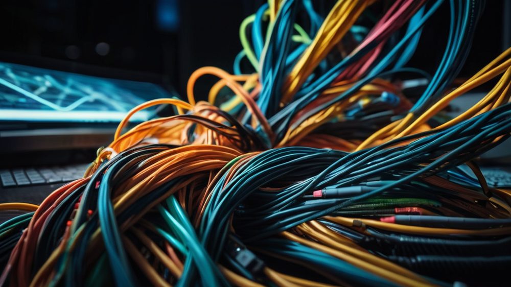 A close-up of a tangled mass of fiber optic cables and network switches on a dark desk, illuminated by the harsh glow of