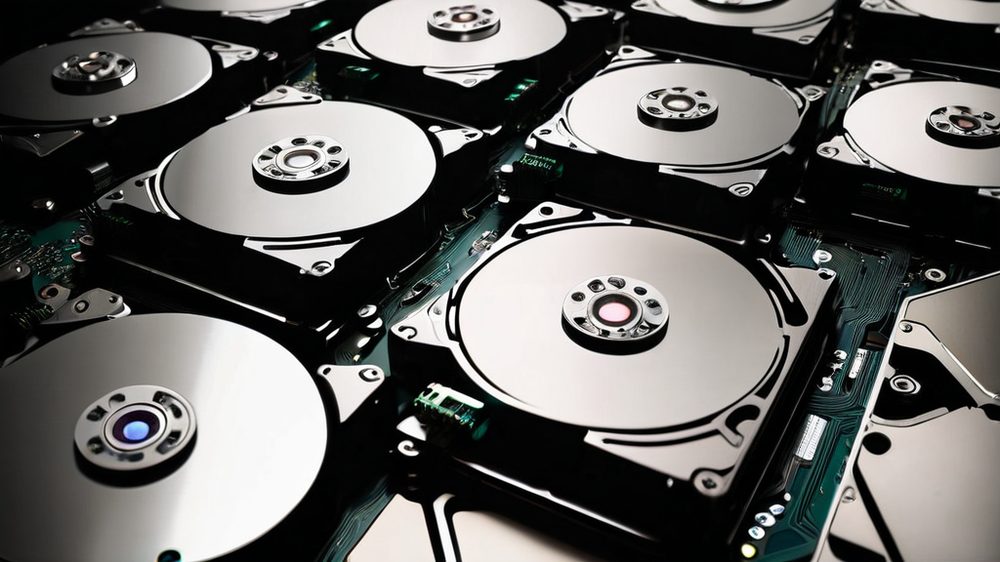 A minimalist composition of stacked hard drives and circuit boards on a reflective black surface, lit by a dramatic spot