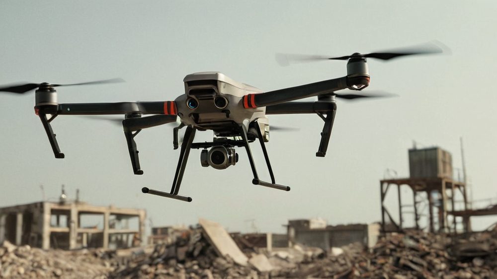 Ukraine upgrades cheap drones with autonomous visual tracking to defeat jamming A dynamic low-angle shot of a drone flying at high speed through a dusty, debris-filled industrial zone, motion blur con